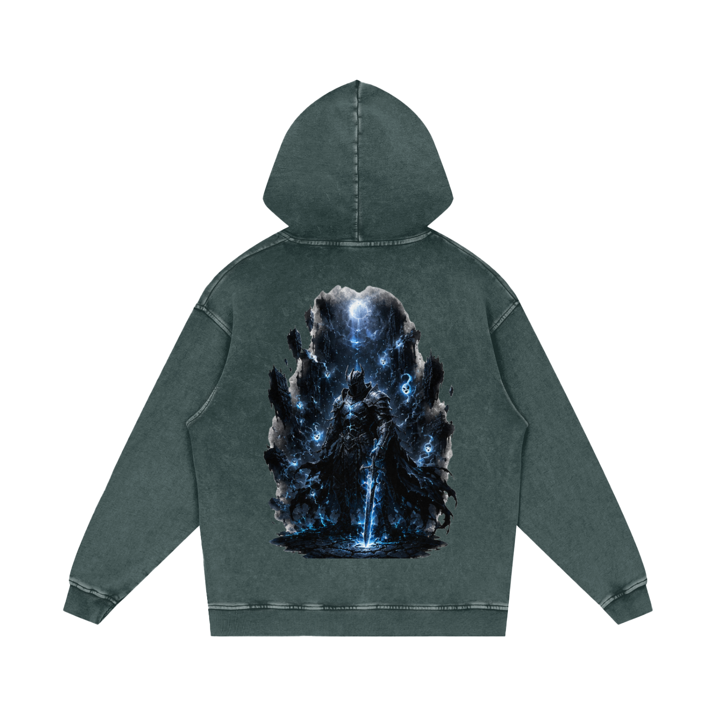 Void Sentinel Hoodie flat lay — full oversized boxy silhouette on Black Beauty showing spirit mask front and ribbed cuffs on premium 420 GSM snow wash cotton