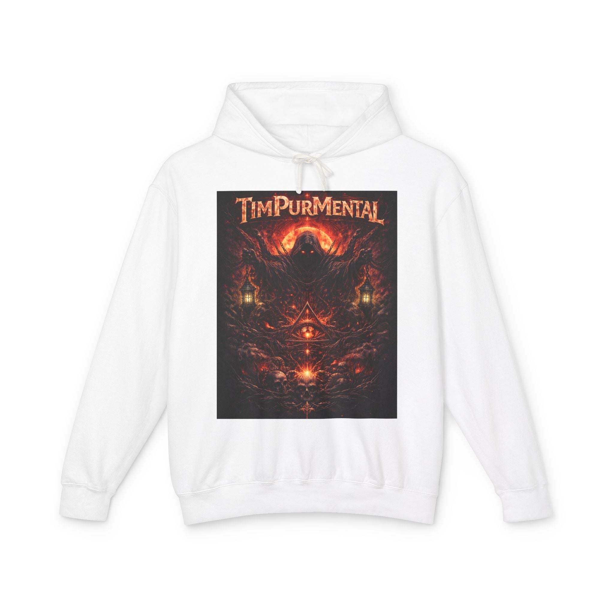 Tim Purmental Dark Fantasy Graphic Hoodie — front view showing brooding ember-toned artwork on black pullover