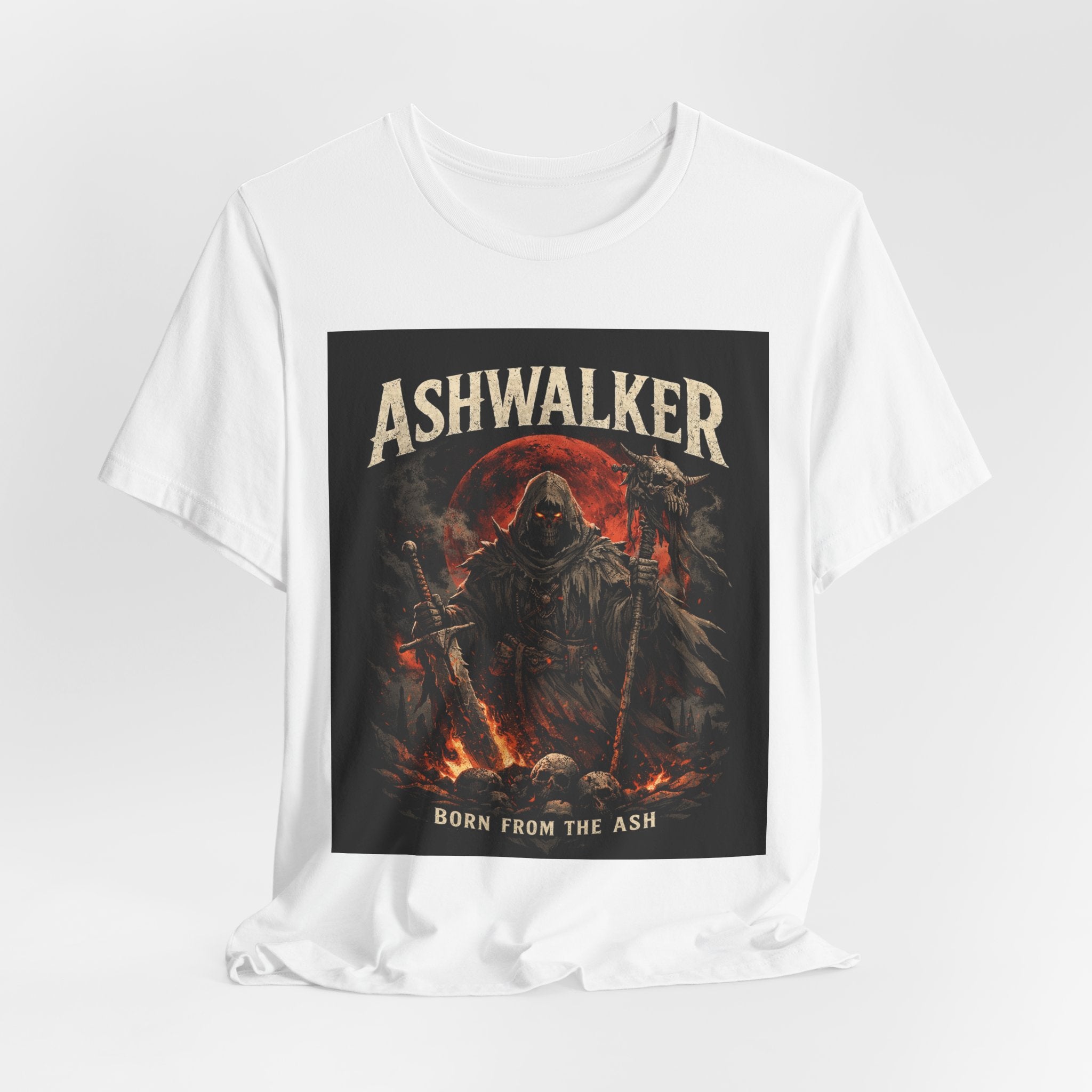 Ashwalker Born From the Ash tee — male model wearing black graphic tee showing fit and chest print
