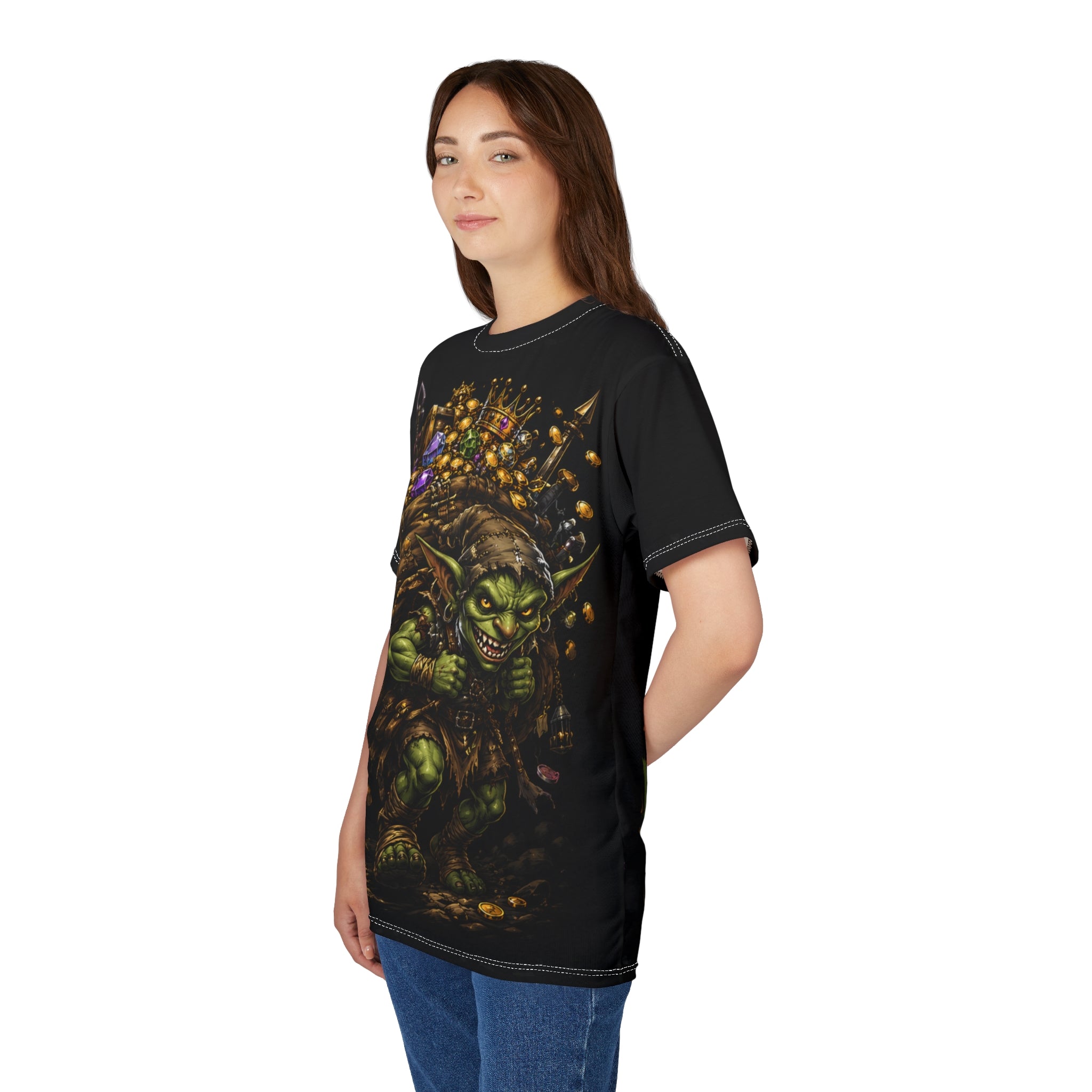 Goblin Treasure Haul dark fantasy shirt — lifestyle shot showing vibrant print quality under natural light