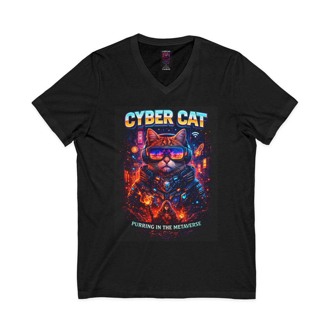 Cyber Cat retro futuristic V-neck tee — back view showing full neon cyberpunk cat artwork