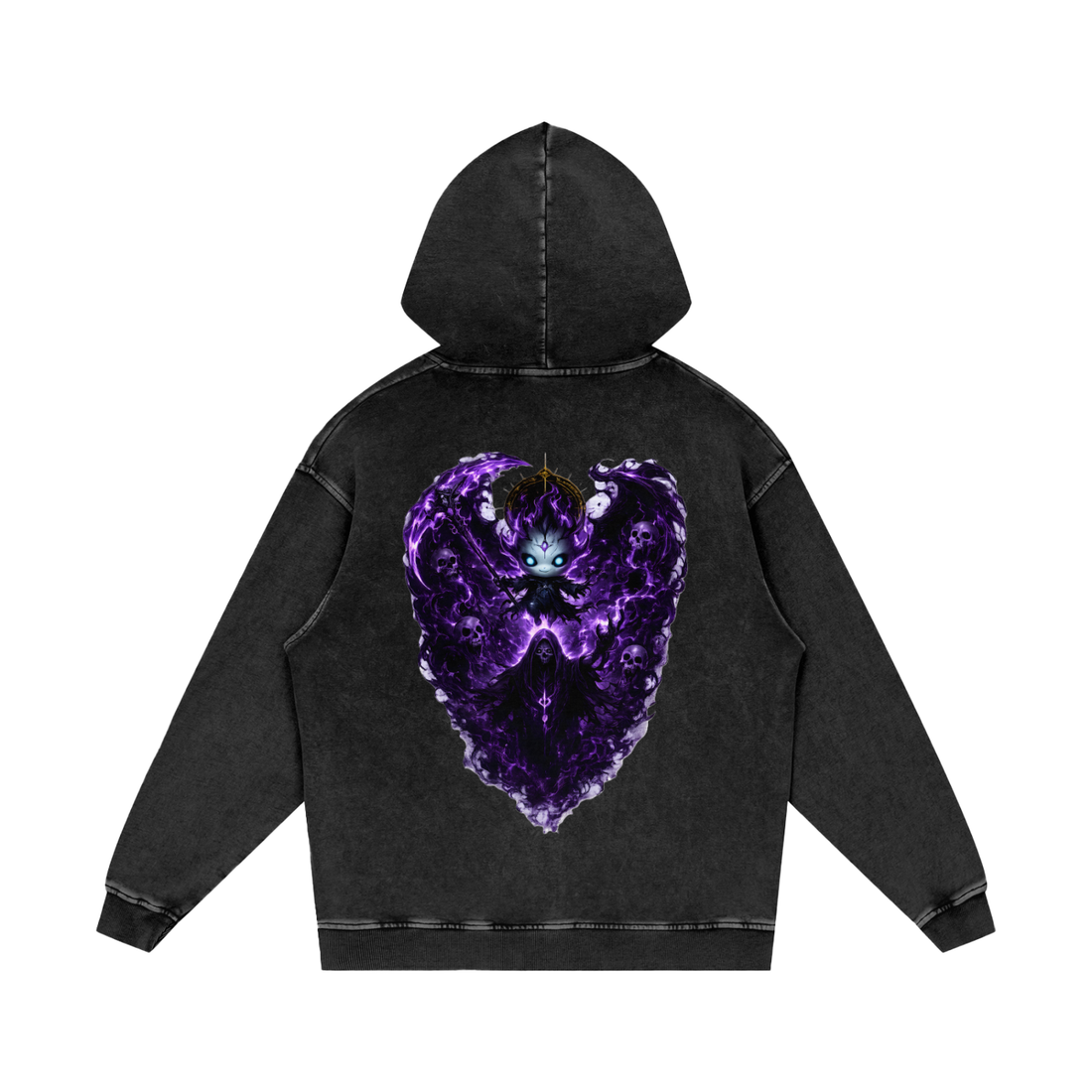 Vex the Void Wraith Hoodie — back view showing full Vex character art with death god reaper shadow, skulls and purple void energy on premium snow washed cotton