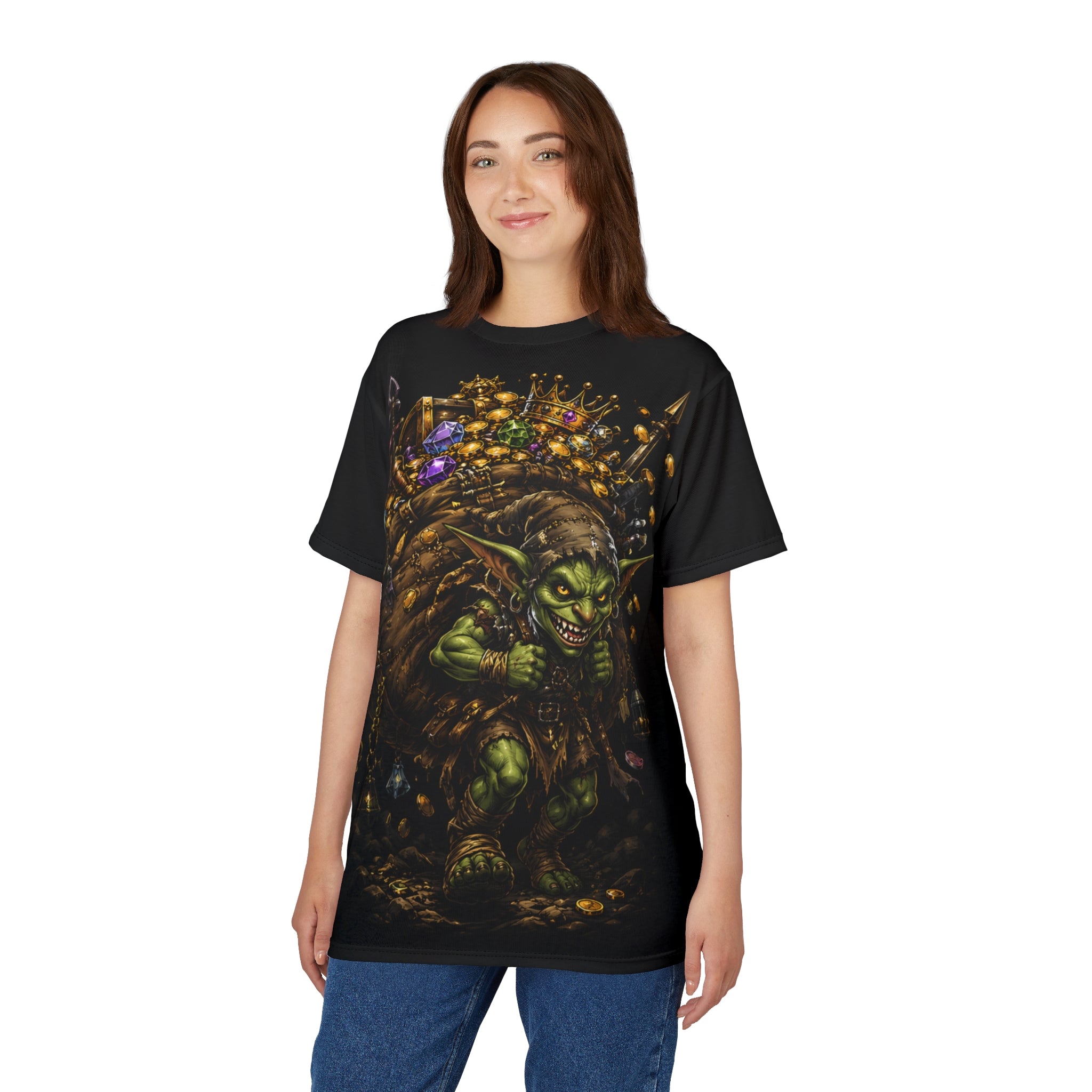 Goblin Treasure Haul gothic tee — product shot on white background showing full design clarity