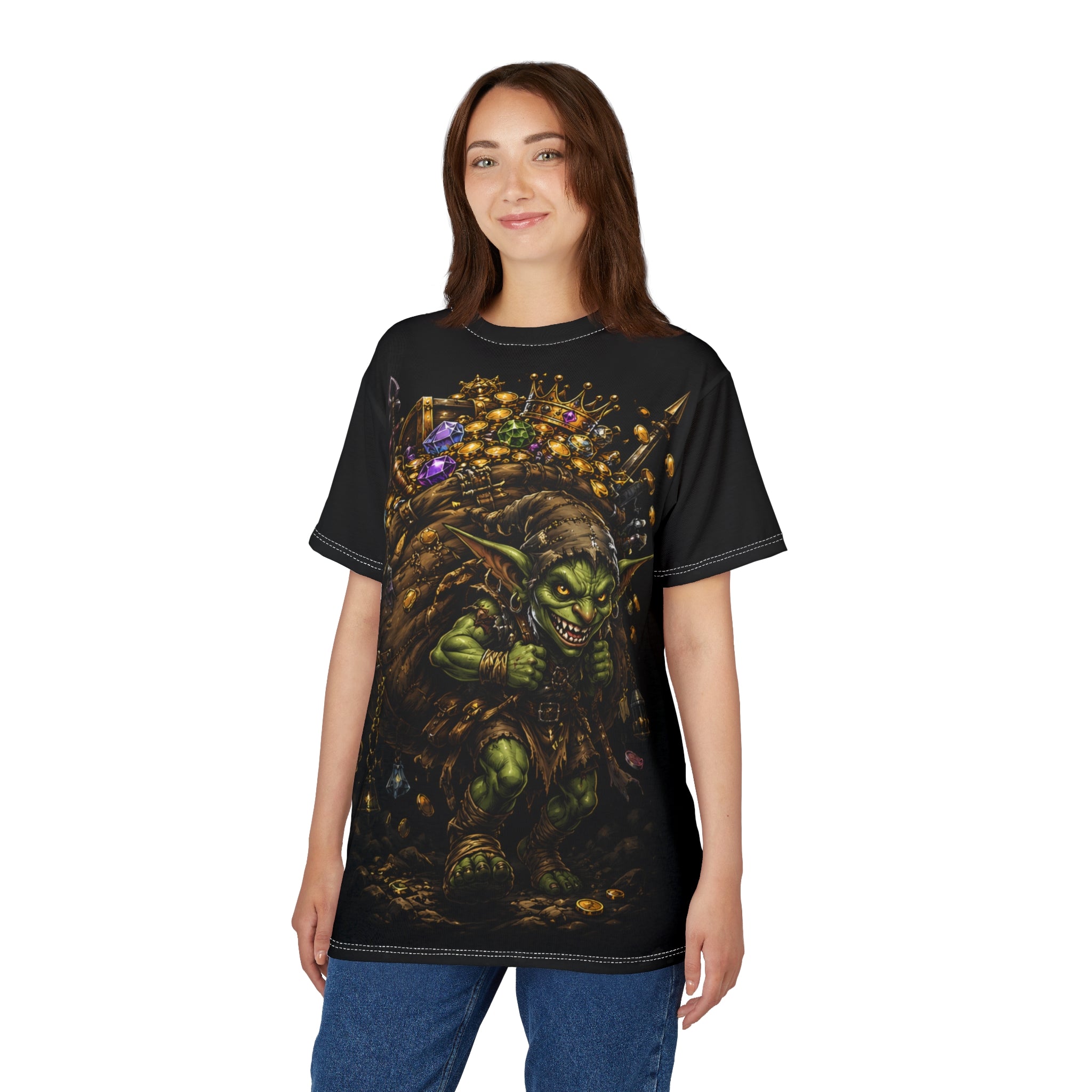Goblin Treasure Haul gamer apparel — side view showing all over print wrapping around shirt seams