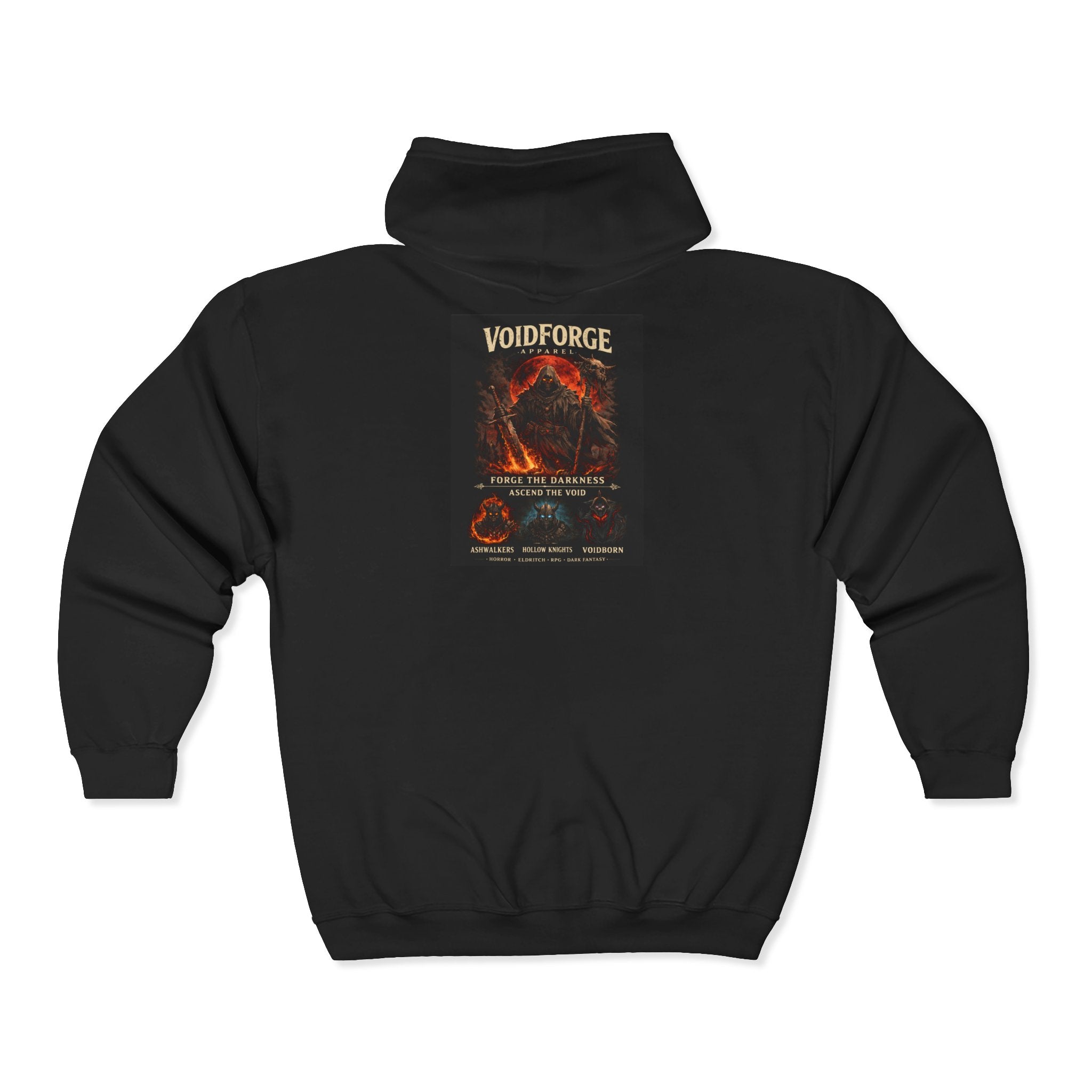 Moon Bleeds Red Zip Hoodie back view — full occult red moon artwork visible on black gothic metal hoodie
