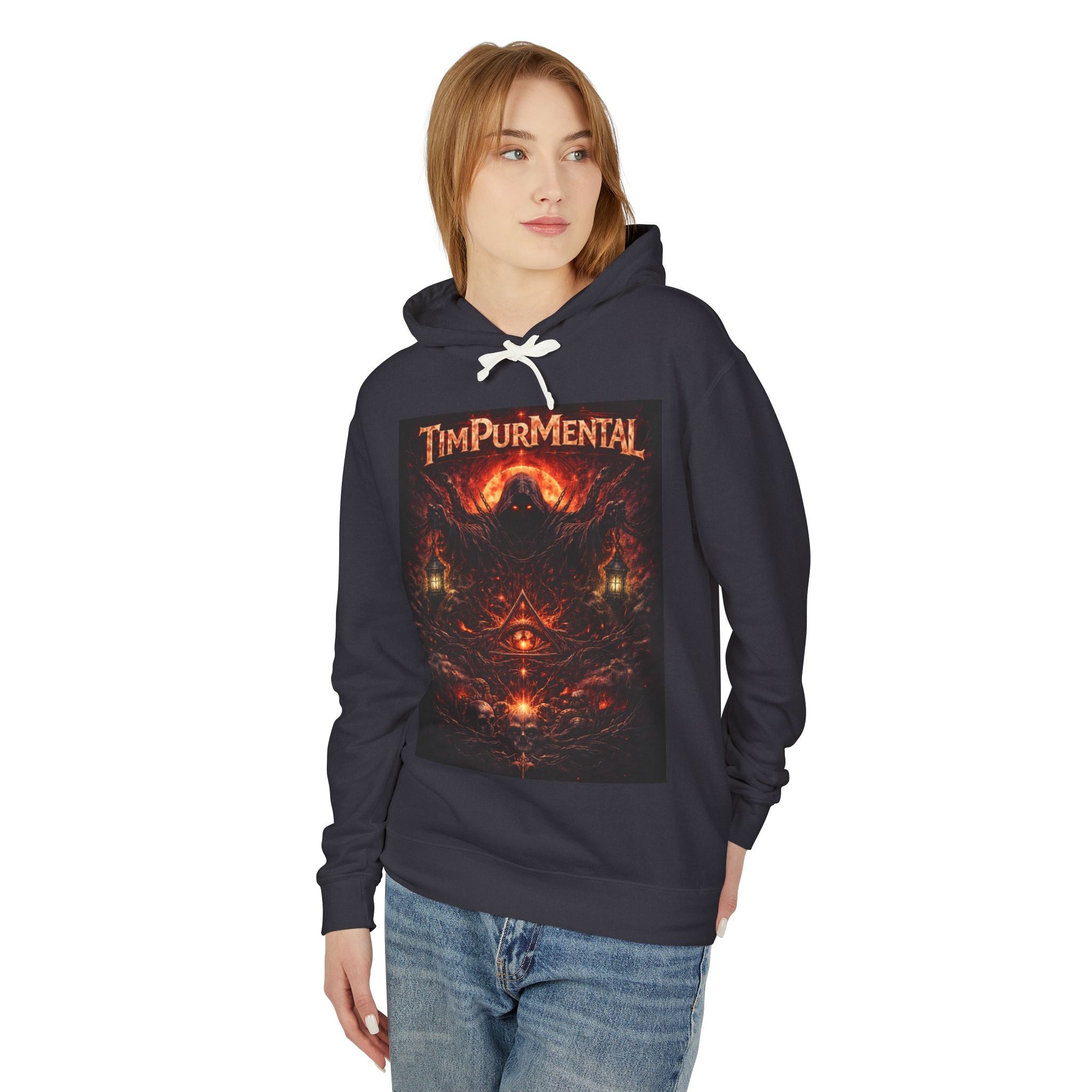 Tim Purmental Dark Fantasy Hoodie — side profile view showing fit and sleeve detail on unisex pullover