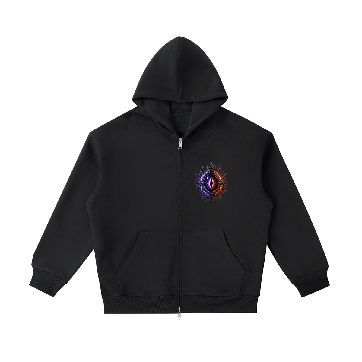 The World Eater — Vex and Kael back to back against a common enemy, void-black and ember-red graphic on a heavyweight full-zip hoodie, VoidForge Apparel.