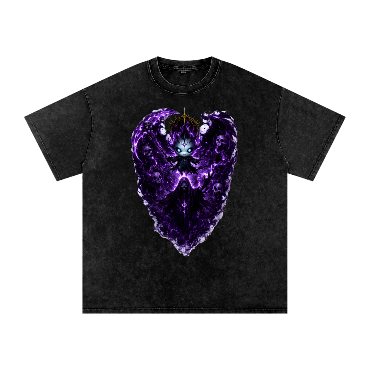 Vex the Void Wraith Tee in Black — front view showing full original character chest graphic with cold blue eyes purple death god aura on snow washed oversized tee