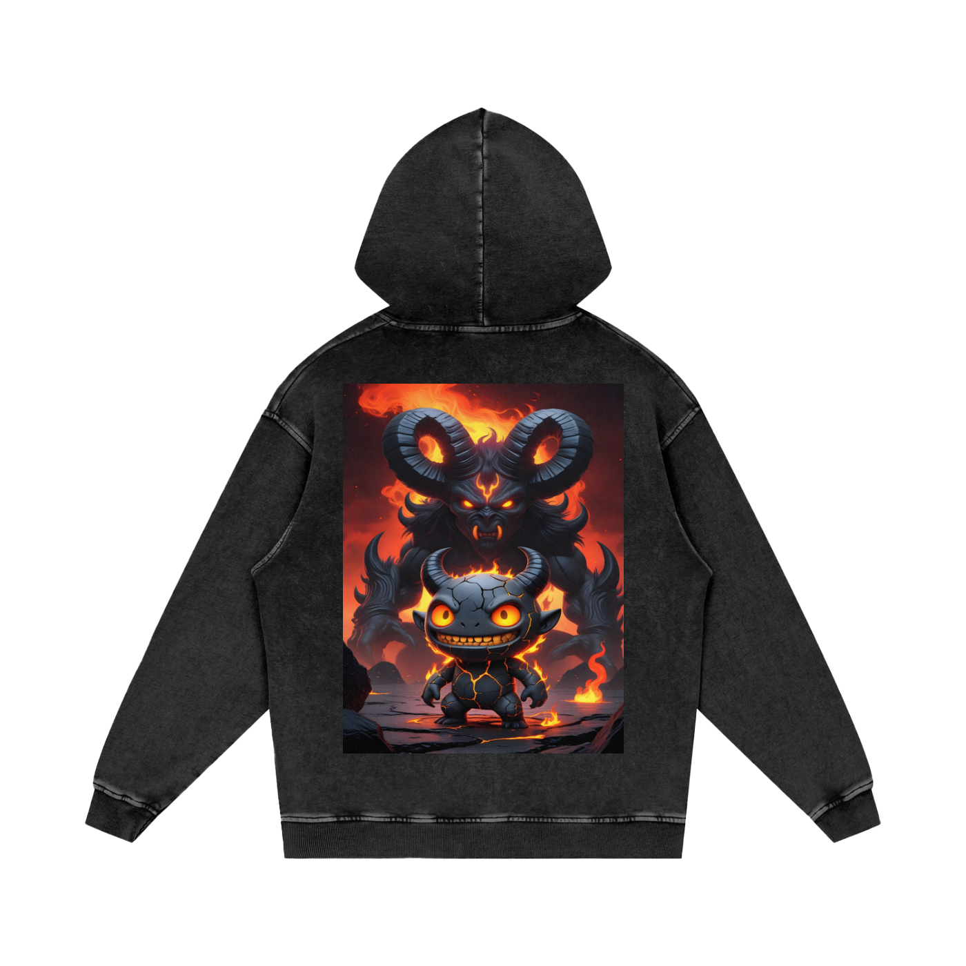 Kael Ember Wraith Hoodie — back view showing full Kael character with colossal fire demon shadow, lava gold and ember orange on premium 420 GSM washed cotton