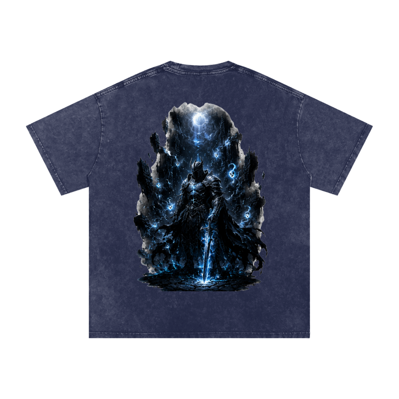 Void Sentinel Tee back view in Pirate Gray — lone armored knight at infinite abyss back print on charcoal washed oversized dark fantasy streetwear tee
