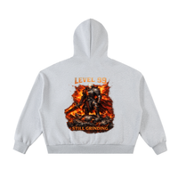 Ashborn Flame Crest hoodie in Charcoal Gray — flat lay showing full front graphic and zip closure on premium 350 GSM dark fantasy hoodie
