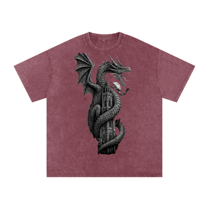 Snow Wash Tee in Dark Red — close up of washed texture showing unique tonal depth on dark red cotton fabric