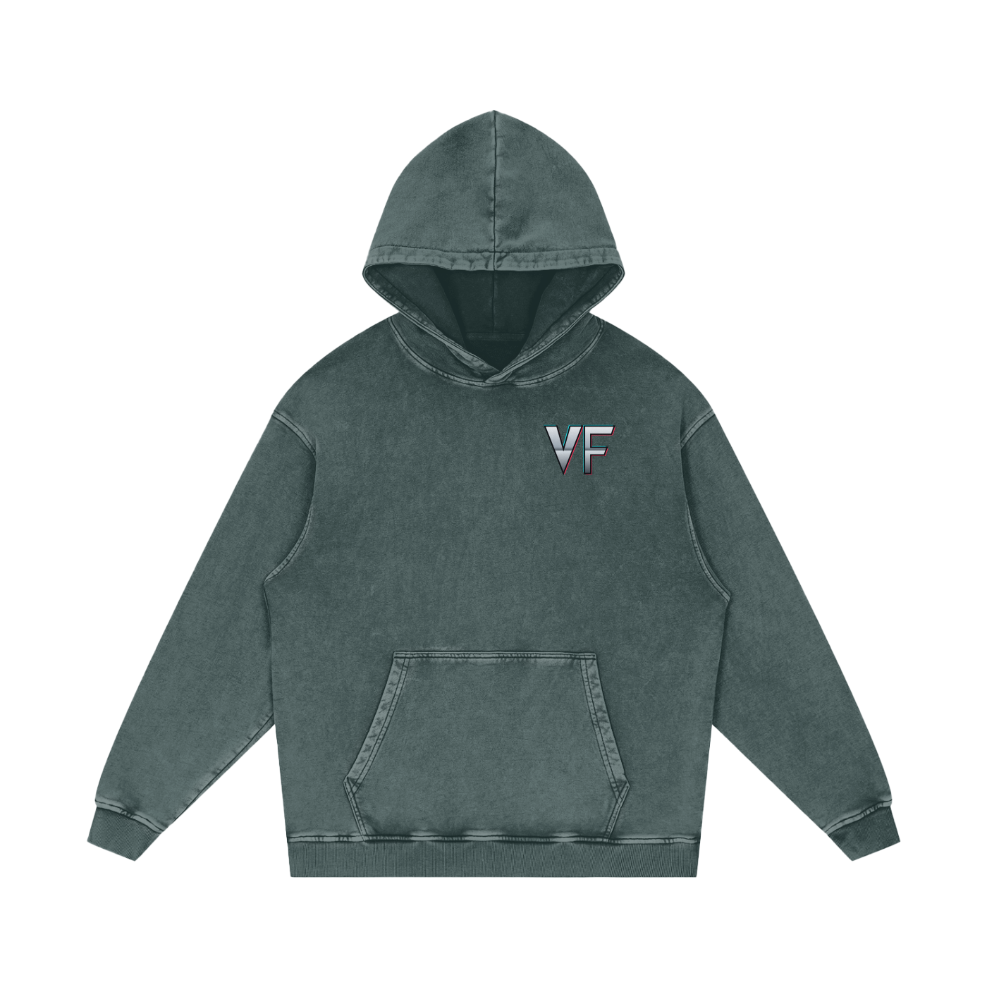 Kael Ember Wraith Hoodie in Dark Gray — VF logo front on charcoal 420 GSM snow washed oversized gothic fire character hoodie