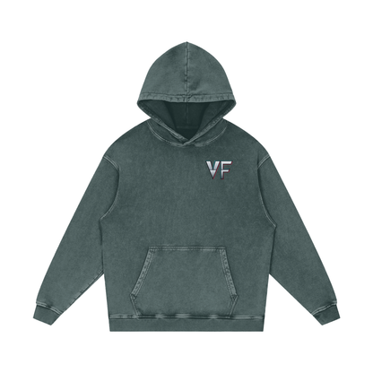 Kael Ember Wraith Hoodie in Dark Gray — VF logo front on charcoal 420 GSM snow washed oversized gothic fire character hoodie