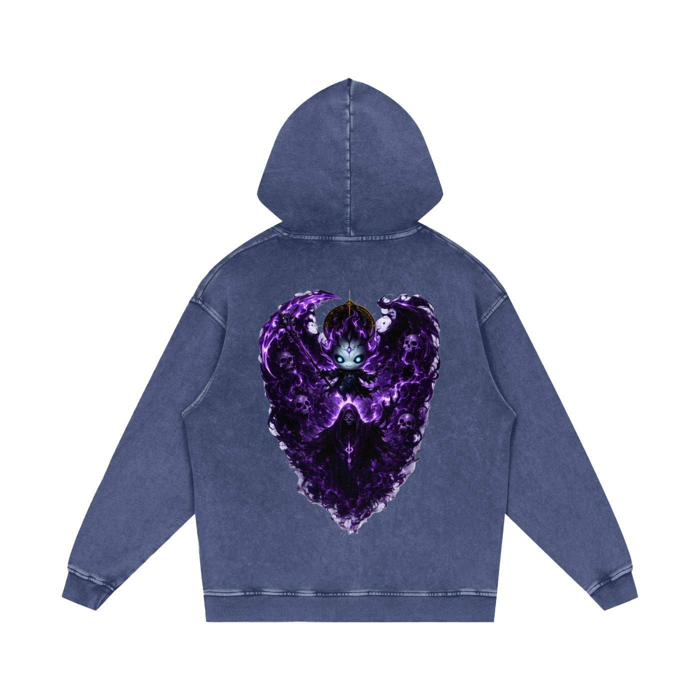 Vex Void Wraith Hoodie back in Dark Gray — original character death god artwork with purple aura and reaper shadow on premium washed cotton hoodie