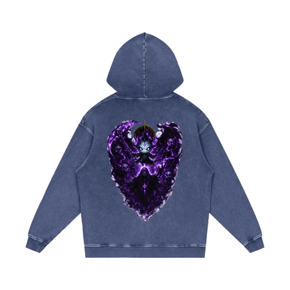 Vex Void Wraith Hoodie back in Dark Gray — original character death god artwork with purple aura and reaper shadow on premium washed cotton hoodie
