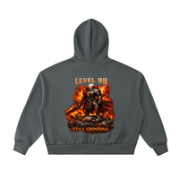 Ashborn Flame Crest gothic streetwear hoodie — side profile showing boxy oversized fit and structured hood on premium dark fantasy zip hoodie