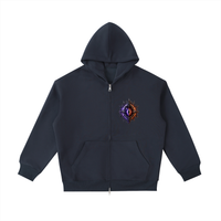 The World Eater — Vex and Kael back to back against a common enemy, void-black and ember-red graphic on a heavyweight full-zip hoodie, VoidForge Apparel.