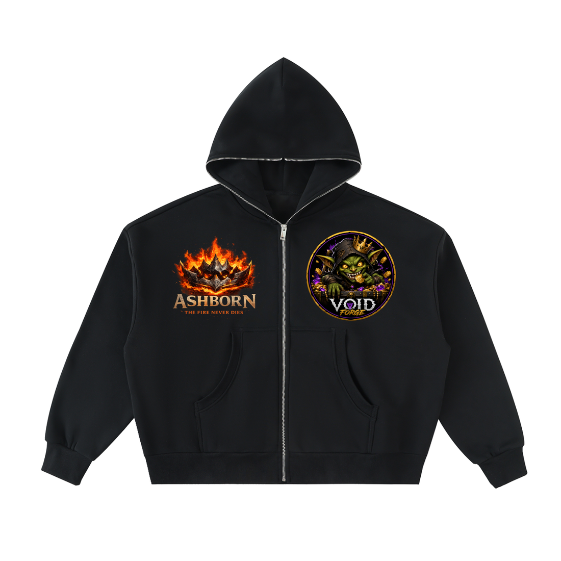 Ashborn Flame Crest Full-Zip Hoodie in Storm Gray — front view showing VoidForge VF logo on left chest and flame crest graphic on premium 350 GSM fleece