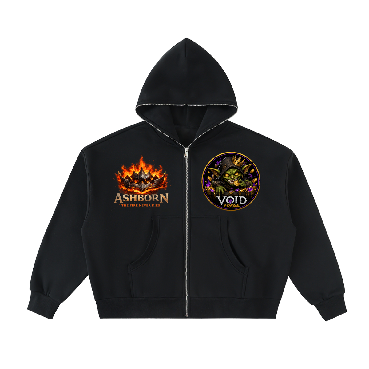 Ashborn Flame Crest Full-Zip Hoodie in Storm Gray — front view showing VoidForge VF logo on left chest and flame crest graphic on premium 350 GSM fleece