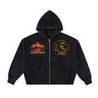 Ashborn Flame Crest Full-Zip Hoodie in Storm Gray — front view showing VoidForge VF logo on left chest and flame crest graphic on premium 350 GSM fleece