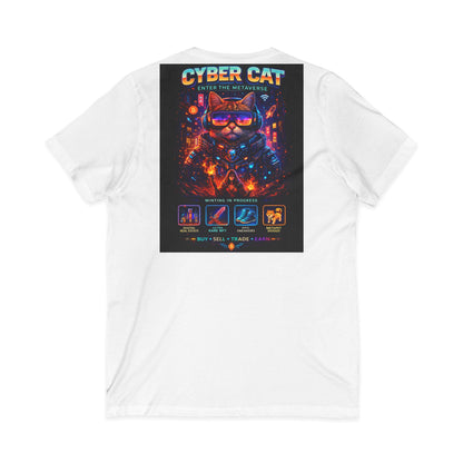 Cyber Cat V-neck graphic tee — female model wearing black shirt showing relaxed unisex fit