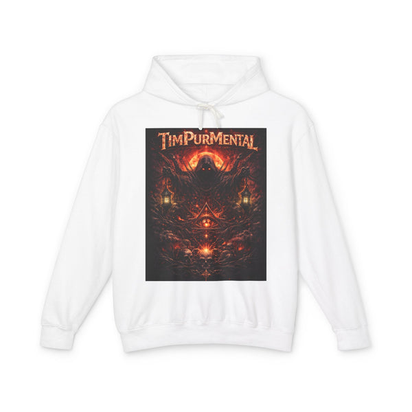 Tim Purmental Dark Fantasy Graphic Hoodie — front view showing brooding ember-toned artwork on black pullover