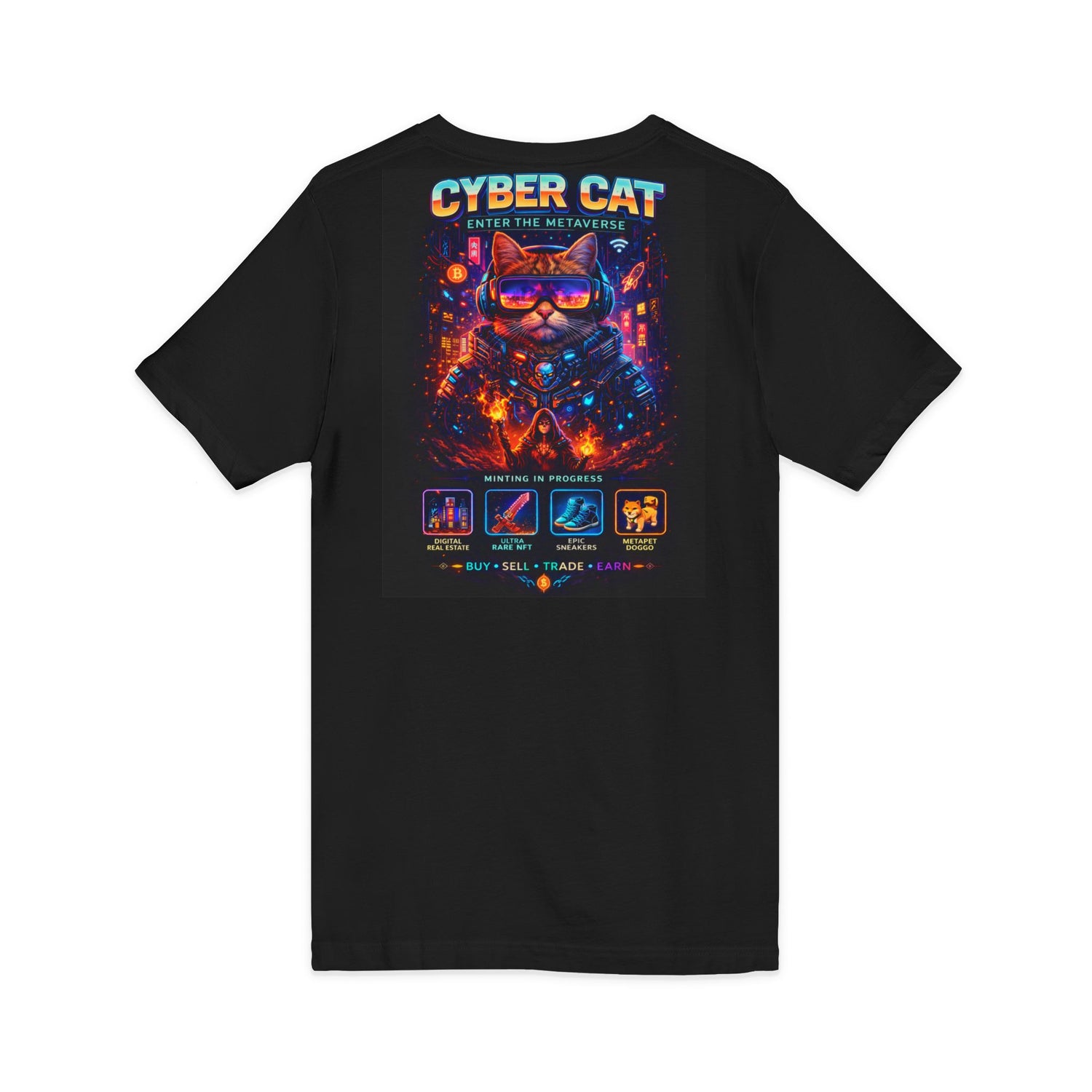 Cyber Cat Purring in the Metaverse tee — angled view showing neon cat design and V-neck collar detail