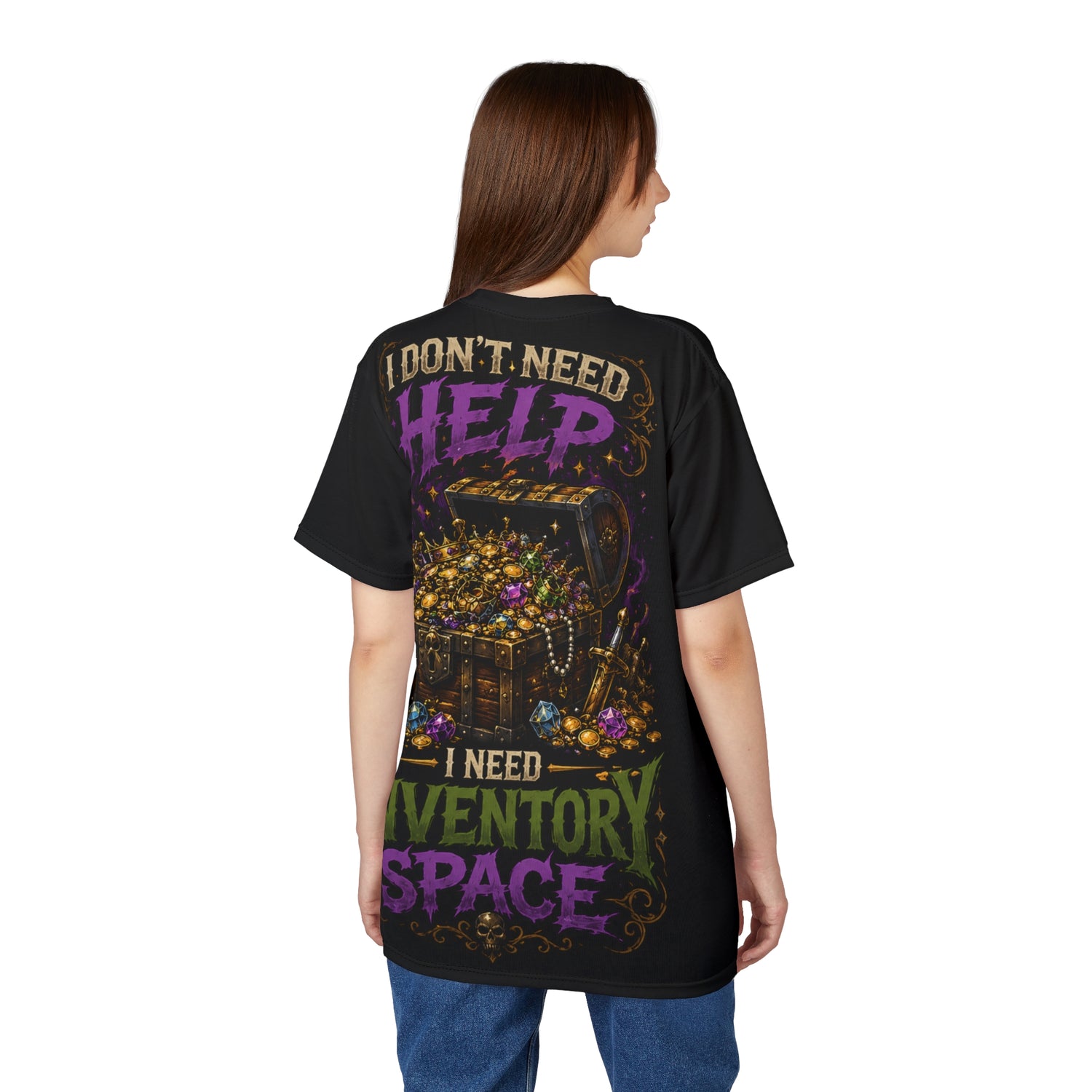 Goblin Treasure Haul tee — overhead flat lay showing front and back all-over loot print side by side