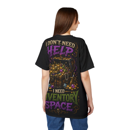 Goblin Treasure Haul tee — overhead flat lay showing front and back all-over loot print side by side