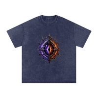 The World Eater — Vex and Kael back to back against a common enemy, void-black and ember-red graphic on an oversized snow-wash cotton tee, VoidForge Apparel.