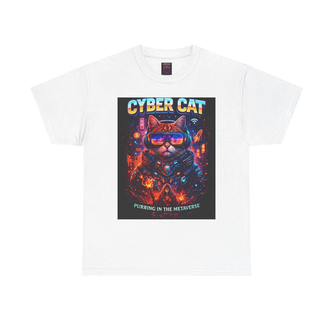 Cyber Cat heavy cotton tee black — front view showing retro futuristic cat graphic on Gildan 5000 shirt