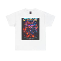 Cyber Cat heavy cotton tee black — front view showing retro futuristic cat graphic on Gildan 5000 shirt