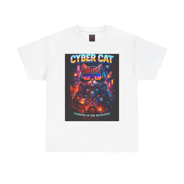 Cyber Cat heavy cotton tee black — front view showing retro futuristic cat graphic on Gildan 5000 shirt