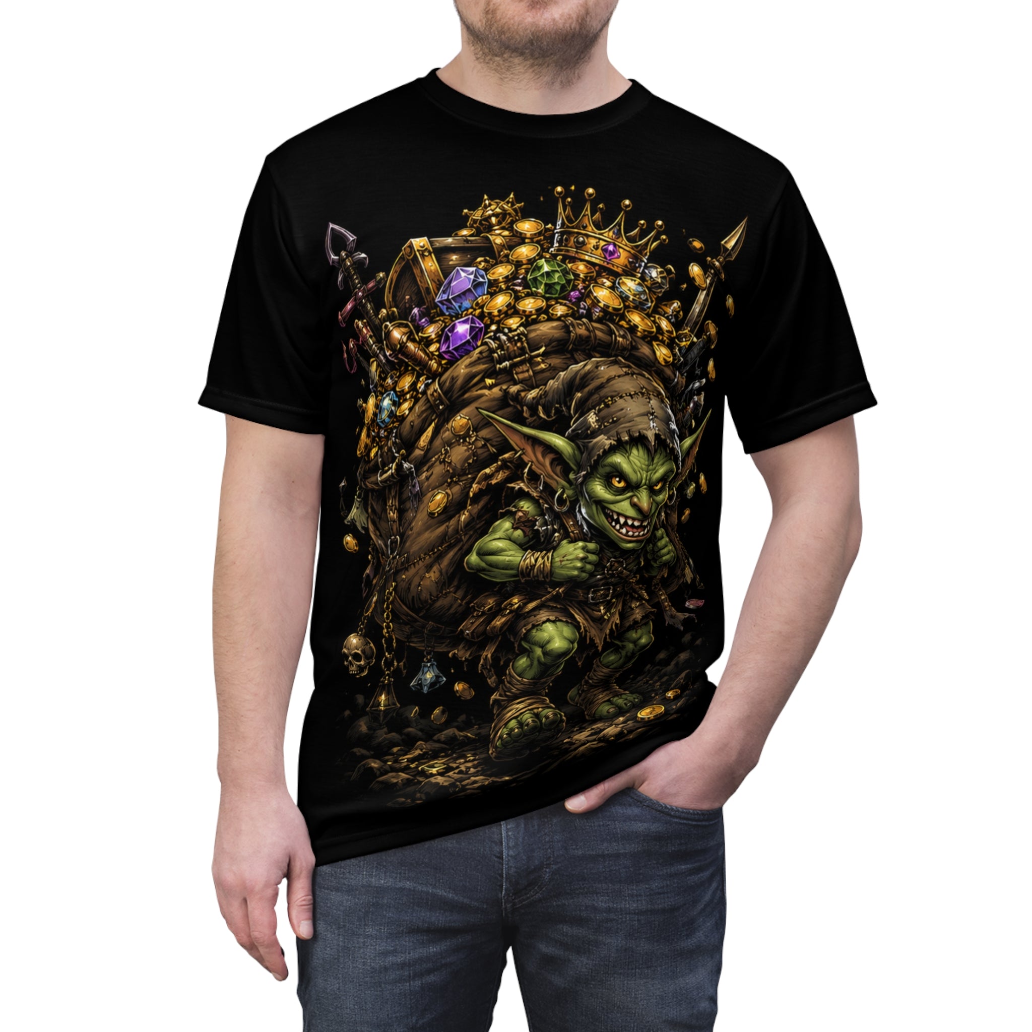 Goblin Treasure Haul cosplay shirt — model posed showing full front chaotic treasure hoard design