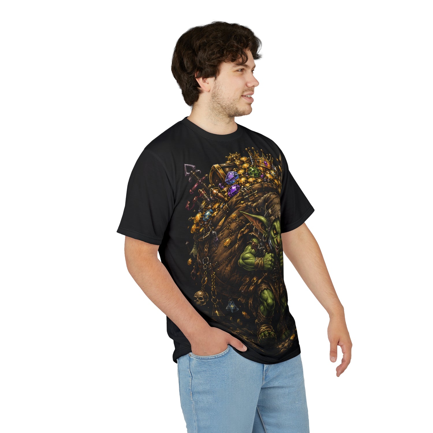 Goblin Treasure Haul all over print shirt — close-up of sleeve showing full wrap-around sublimation detail