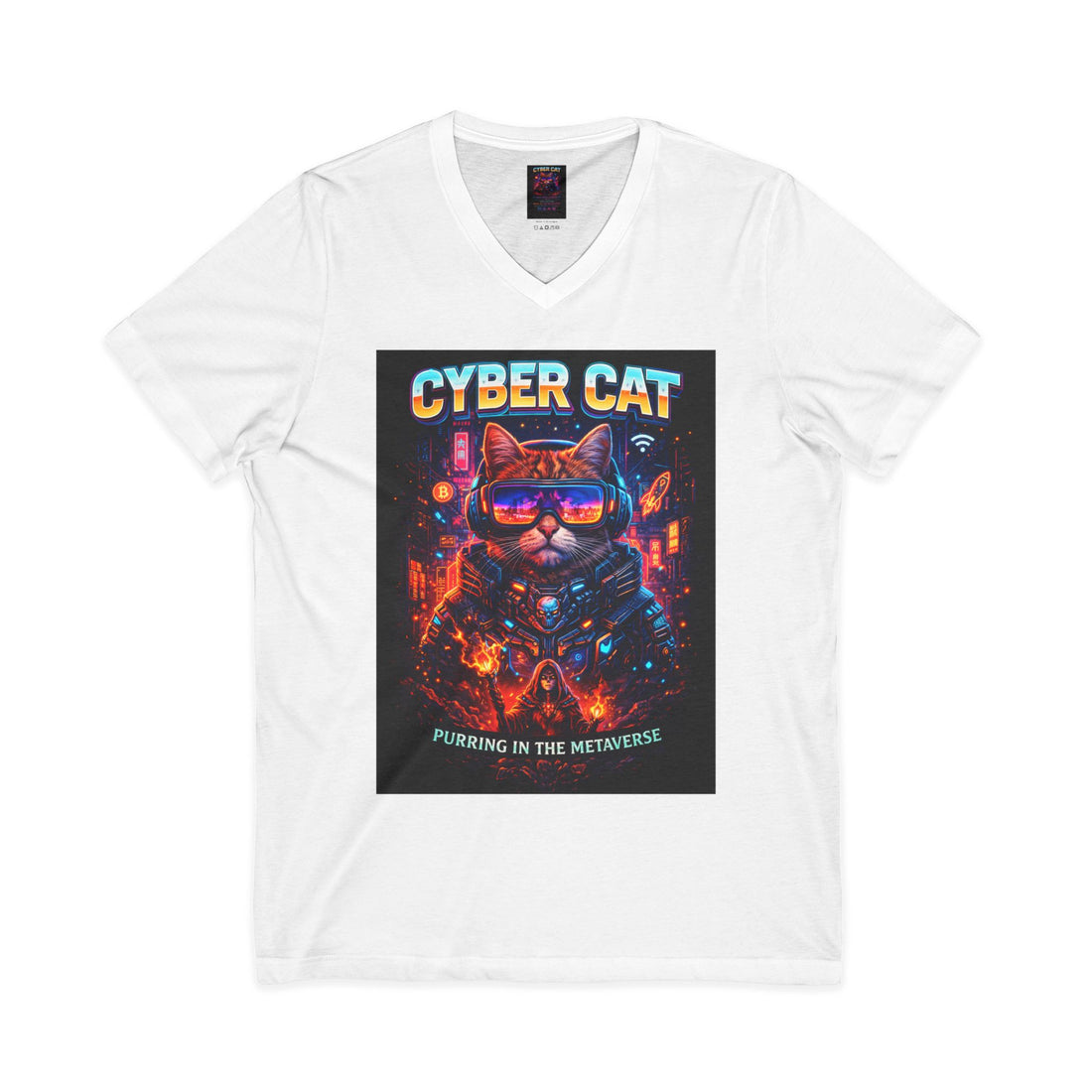 Cyber Cat V-Neck Tee Purring in the Metaverse — front view showing retro futuristic neon cat graphic on black shirt