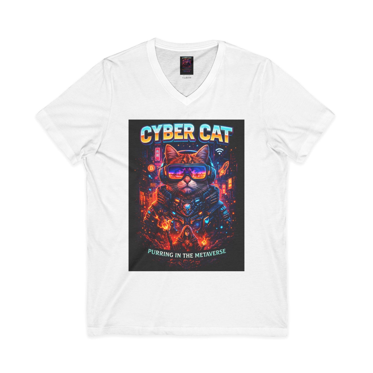 Cyber Cat V-Neck Tee Purring in the Metaverse — front view showing retro futuristic neon cat graphic on black shirt