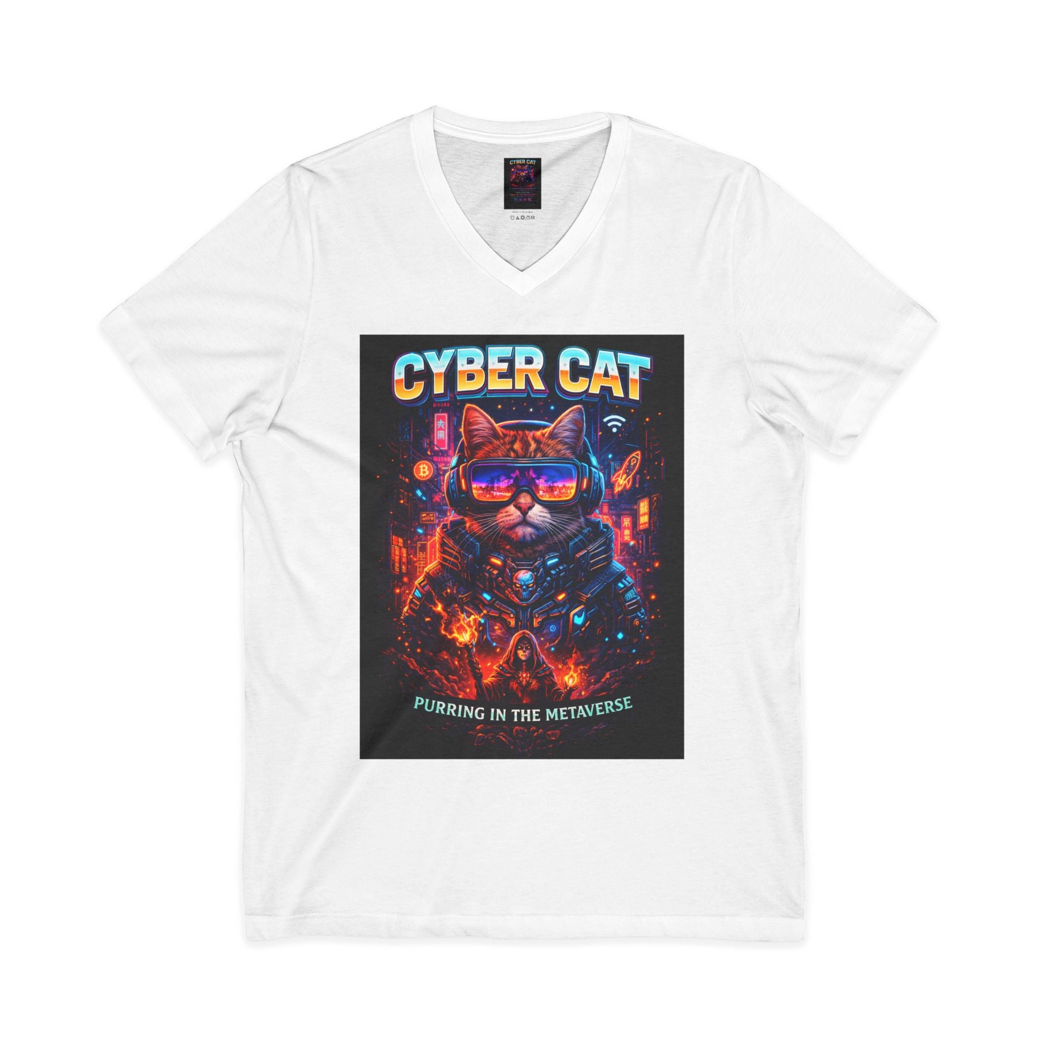 Cyber Cat V-Neck Tee Purring in the Metaverse — front view showing retro futuristic neon cat graphic on black shirt