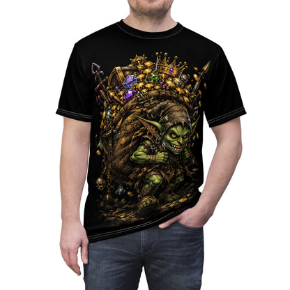 Goblin Treasure Haul cosplay tee — lifestyle shot showing vibrant all-over print fantasy shirt worn casually