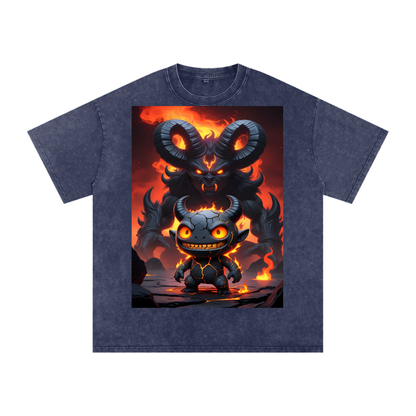 Vex Void Wraith Tee in Pirate Gray — original character chest graphic with cold blue void energy and reaper shadow on charcoal snow washed oversized tee