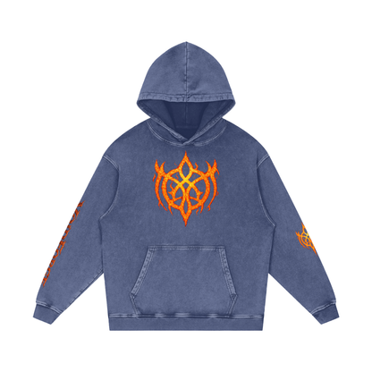 Flaming Demon Skull Hoodie in Dark Green — VoidForge VF logo front on forest green 420 GSM snow washed oversized gothic hoodie