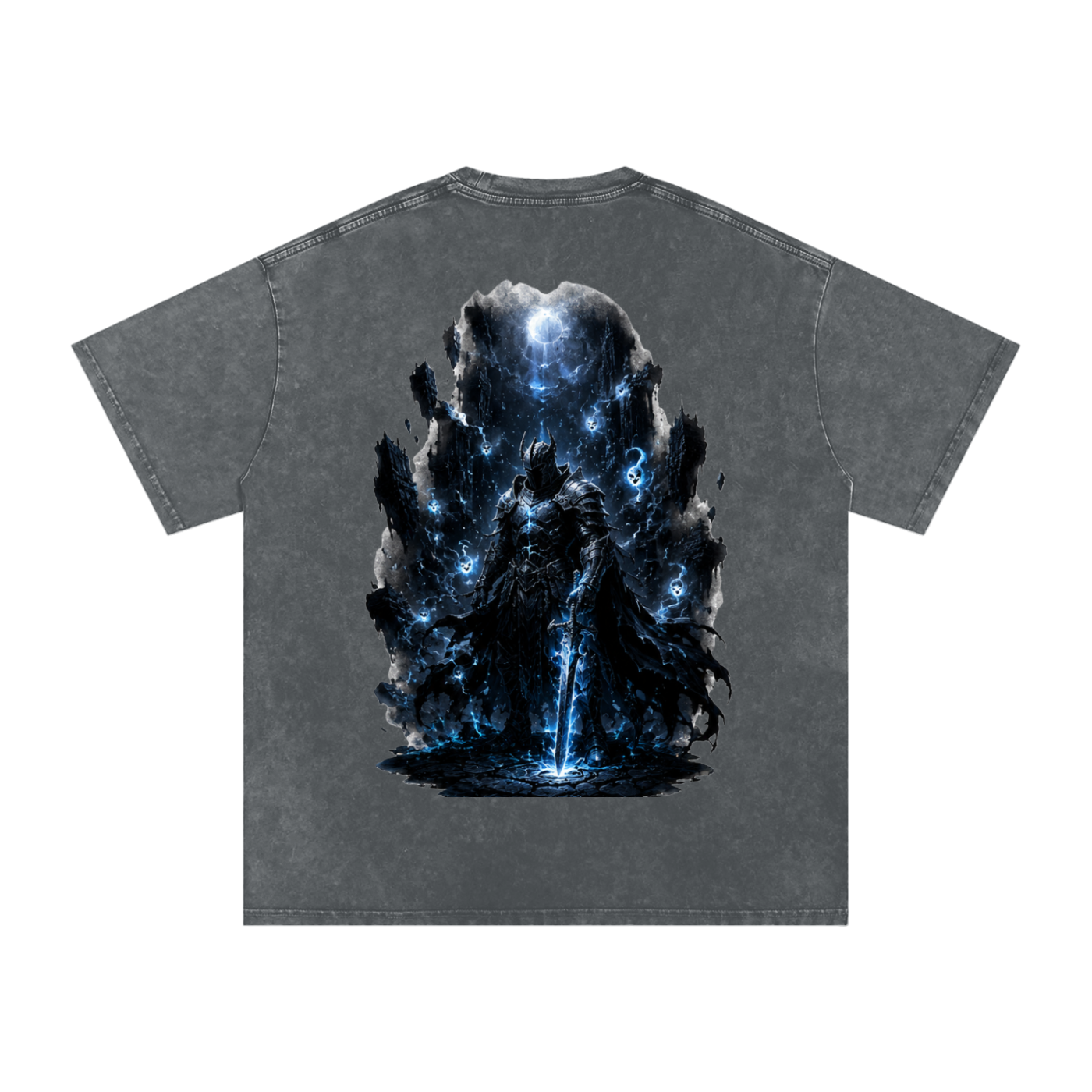 Void Sentinel Tee in Royal Blue — cracked spirit mask chest print on royal blue washed oversized dark fantasy streetwear tee