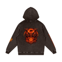 Flaming Demon Skull Hoodie lifestyle shot — dark fantasy streetwear hoodie showing loose boxy fit and gothic premium snow wash aesthetic