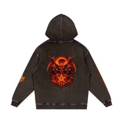 Flaming Demon Skull Hoodie lifestyle shot — dark fantasy streetwear hoodie showing loose boxy fit and gothic premium snow wash aesthetic