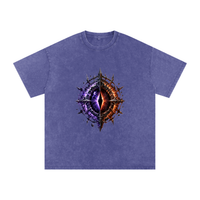 The World Eater — Vex and Kael back to back against a common enemy, void-black and ember-red graphic on an oversized snow-wash cotton tee, VoidForge Apparel.