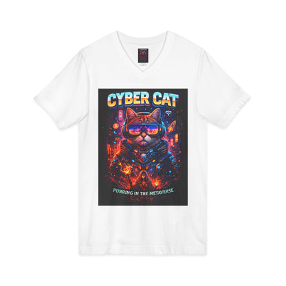 Cyber Cat metaverse shirt white colorway — front view showing neon cat graphic on white V-neck tee