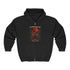 VoidForge Moon Bleeds Red Zip Hoodie — front view showing blood moon gothic artwork on black zip-up