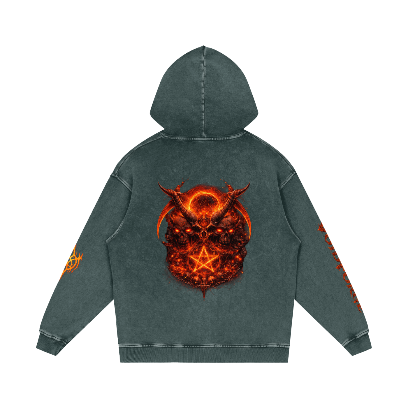 Flaming Demon Skull Hoodie flat lay — full front VF logo and loose boxy silhouette on Black Beauty 420 GSM snow washed gothic streetwear hoodie