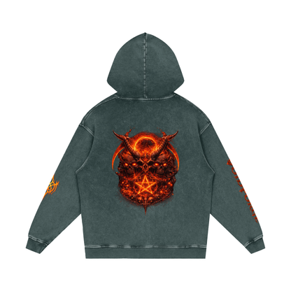 Flaming Demon Skull Hoodie flat lay — full front VF logo and loose boxy silhouette on Black Beauty 420 GSM snow washed gothic streetwear hoodie
